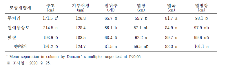 토양개량제 처리에 따른 생육특성