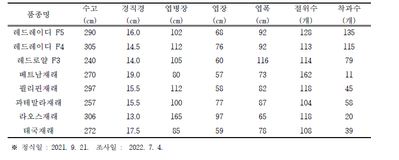 품종 및 계통별 생육 특성