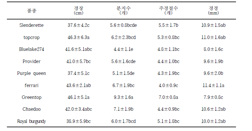 그린빈 유전자원별 생육특성 비교