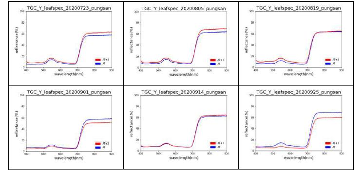 온도구배챔버(TGC)에서 관측한 풍산나물콩 잎의 분광 반사도(3개 샘플 평균)