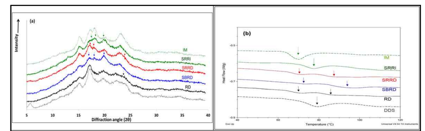 열가공 현미 가루의 (a)X-ray diffraction pattern, (b)differential scanning calorimeter thermograms