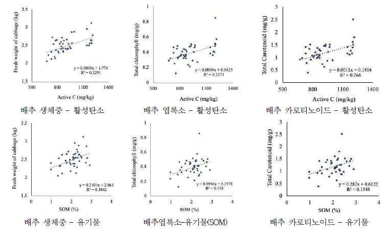 토양 중 활성탄소, 유기물 함량의 봄배추 생체중, 엽록소 및 카로티노이드 함량과의 연관성