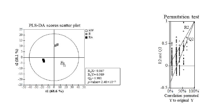 PLS-DA 분석 결과(positive) HW, hot-water treated; E, enzyme-assisted extraction of ginger, EB, enzyme and B. subtilis-assisted extraction of ginger