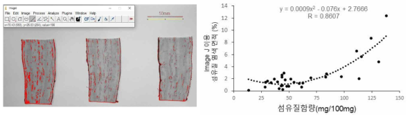 Image J프로그램을 이용한 염색된 섬유질 면적 분포도와 섬유질 함량과의 상관 관계분석
