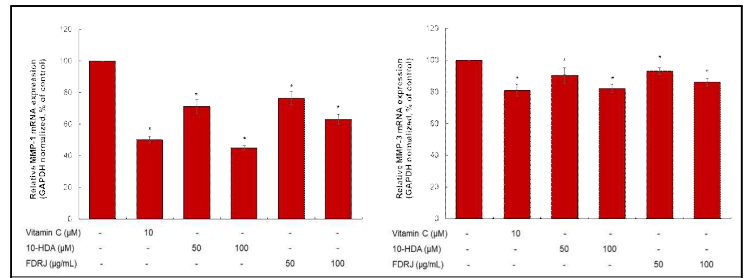 UVB 조사된 HaCaT 세포에서 동결건조 로열젤리 및 10-HDA의 MMP-1, 3 mRNA 발현 억제 효과
