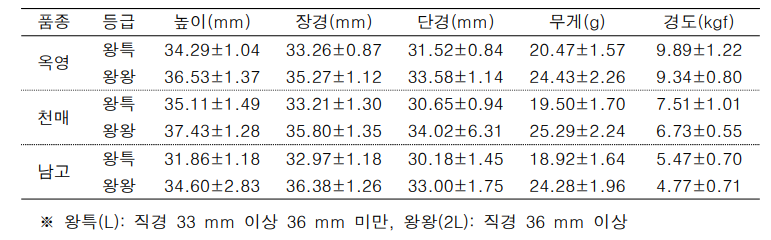 품종 및 등급별 (물성)기하학적 특성