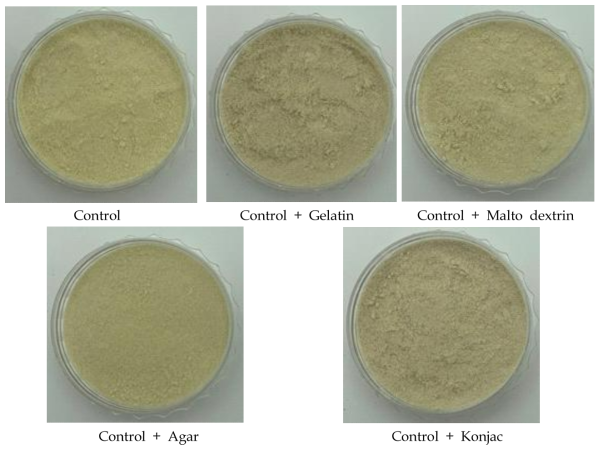 Photograph of sweet potato powder with added forming agents