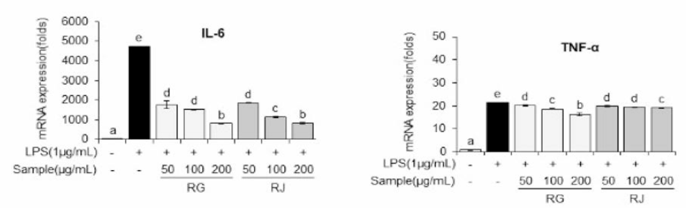 순무(RG) 및 월동무(RJ)의 염증성 사이토카인 유전자 발현 억제(p<0.05)