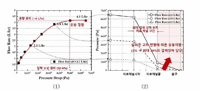 실리콘 주변의 압력강화(1)와 후단 미로 부분의 유량곡선(2)