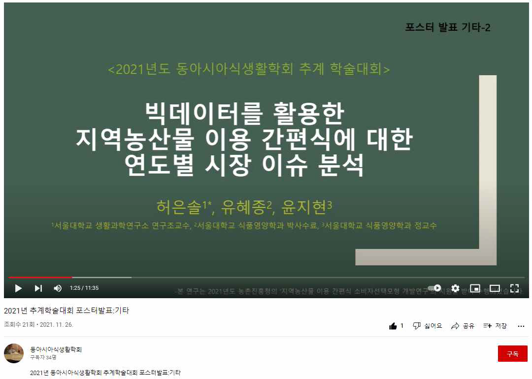 국내 학술대회 발표: 빅데이터를 활용한 지역농산물 이용 간편식에 대한 연도별 시장 이슈 분석 - 동아시아식생활학회 추계학술대회 (2021년 성과)