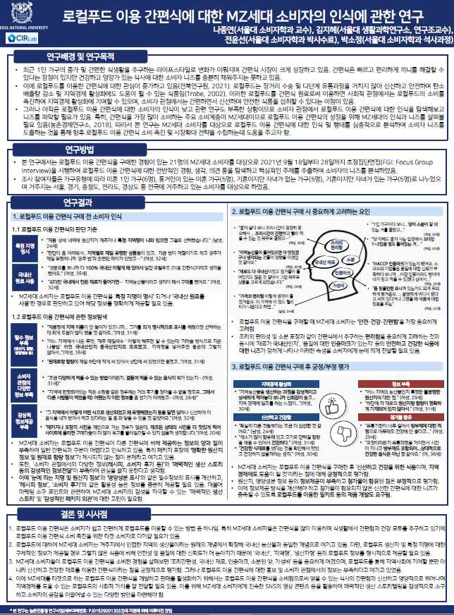 국내 학술대회 발표: 로컬푸드 이용 간편식에 대한 MZ세대 소비자의 인식에 관한 연구 - 소비자분야통합학술대회 (2022년 성과)