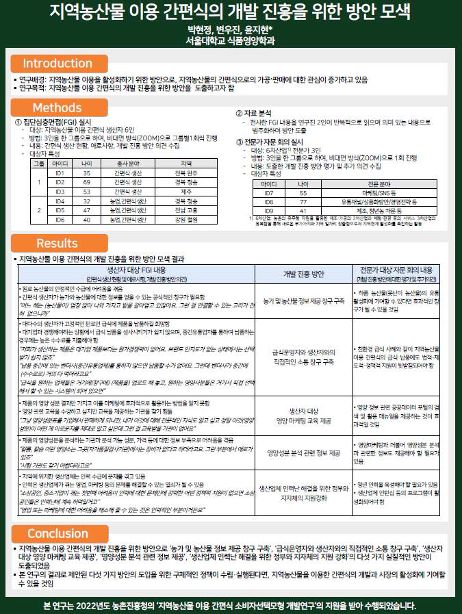 국내 학술대회 발표: 지역농산물 이용 간편식의개발 진흥을 위한 방안 모색 - 한국식생활문화학회지 (2022년 성과)