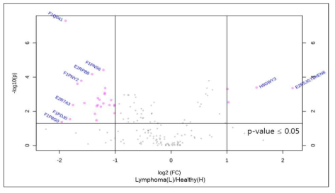 정상군 대비 림프종에서 증감하는 단백질들에 대한 Volcano plot