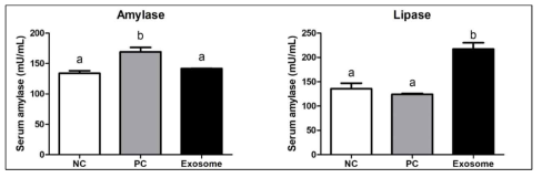 만성 췌장염 유도 모델(PC)에서 줄기세포 엑소좀(Exosome) 투여 후 혈청 amlyase 및 lipase의 농도 변화. (NC; PBS 투여군)