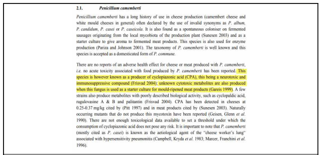 Penicillium candidum의 QPS 자격 취득 불가 근거 (EFSA, 2007)