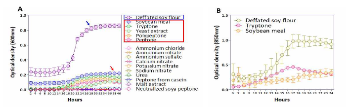 질소원 종류에 따른 P. tritici PH55-1 균주의 생장. (A) BioscreenC, (B) RTS-1C Bioreactor 검정