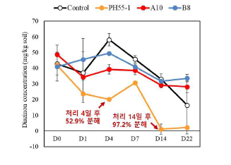 Priestia sp. A10, B8 균주와 P. tritici PH55-1 균주의 토양 내 다이아지논 분해.