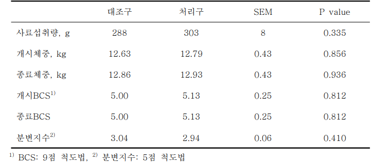 사료섭취량, 체중, BCS, 분변지수