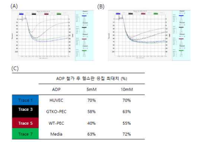 여러 가지 내피세포 존재하에서 ADP 유도 사람 혈소판 응집. (A) ADP 5mM, (B) ADP 10mM