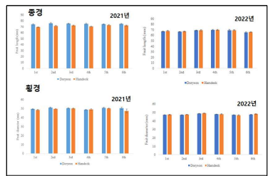 ‘스위트골드’ 수확기 과원 및 수체 영역별 과실 크기 비교