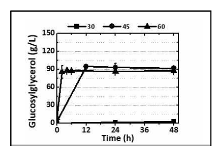 전환반응 온도에 따른 글루코실글리세롤 생산성 비교