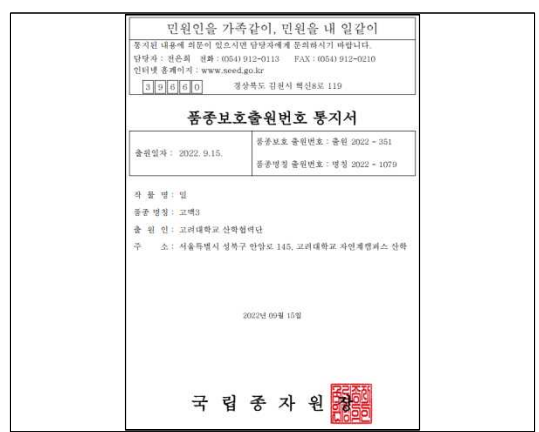A variety protection application number notice of ‘KOMAC3’
