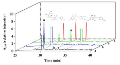 HPLC chromatograms of phlorizin and its major product produced by CYP102A1 M371. Phlorizin (0.2 mM) was treated with M371 in the absence (a) or presence (b) of NADPH. After the reaction was terminated, β-glucosidase was added (c). The peaks of the reaction mixtures were identified by comparing their retention times to those of the authentic compounds: (d) standard compounds of phlorizin (tR = 30.1 min), 3-OH phloretin (tR = 32.4 min), and phloretin (tR = 34.6 min).Concentration of each compound was 10 µM