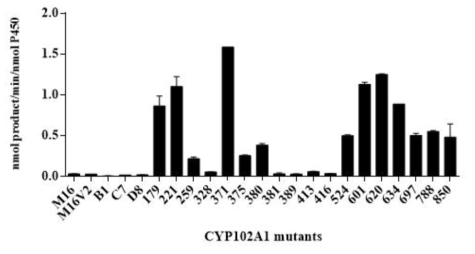 Phlorizin hydroxylation activity of CYP102A1 mutants. The reaction mixture contained phlorizin (200 µM) as a substrate in potassium phosphate buffer (100 mM, pH 7.4) and 0.40 µM of each CYP102A1 mutant. To initiate the reaction, NADPH-generating systems were added and the reaction was performed for 30 min at 37°C
