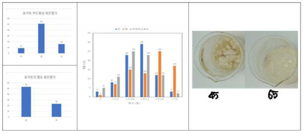 NAM집단 16번 조합 요거트 제조 후 패널 평가 결과 (좌 : 요거트 커드, 명도, 중 : 선호도 조사 총합 결과, 우 : 선발된 계통 발효유)