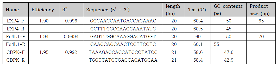 유전자 발현량의 비교를 위하여 사용된 프라이머 정보