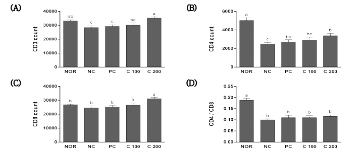 강황 추출물 섭취 마우스의 T 림프구 수 및 아형 비율 (A) CD3 (B) CD4 (C) CD8 (D) CD4/CD8 ratio