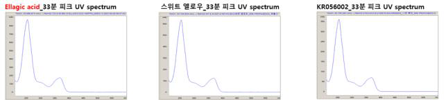 Ellagic acid의 표준품과 장미 캘러스에서 등장한 피크의 UV spectrum 비교