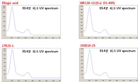 HPLC 크로마토그램에서 확인된 ellagic acid 표준물질과 33.4분 피크의 UV spectrum 비교