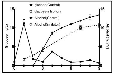 억제제 첨가 유무에 따른 glucose, alcohol 변화