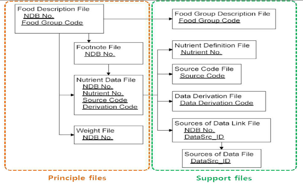 USDA National Nutrient database의 정보 연계 체계 [출처] 식품성분 코드표준화를 위한 기반 연구. 2004. 한국보건산업진흥원