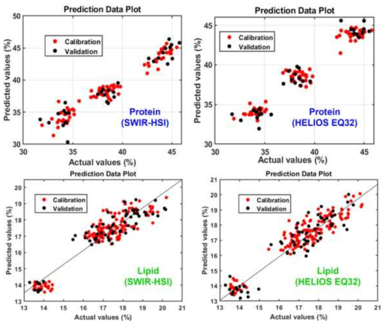 대두 종자의 조단백 및 조지방 함량에 대한 prediction data plot: SWIR-HSI(좌), HELIOS EQ32(우)