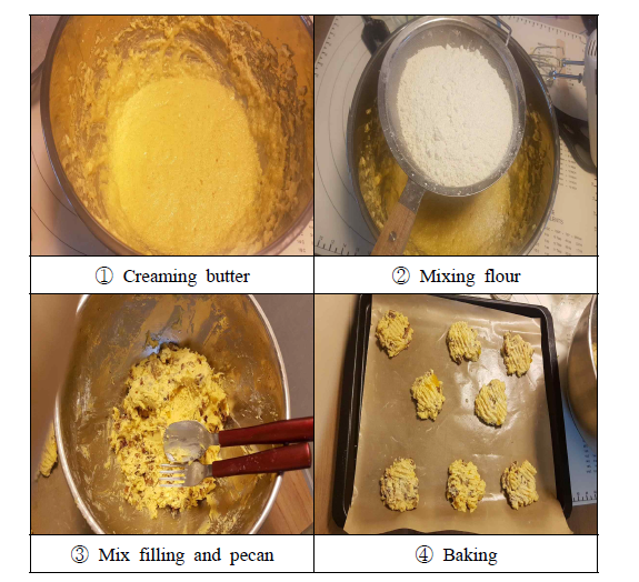 Photographs of manufacturing steps of nut cookie usnig passion fruit filling