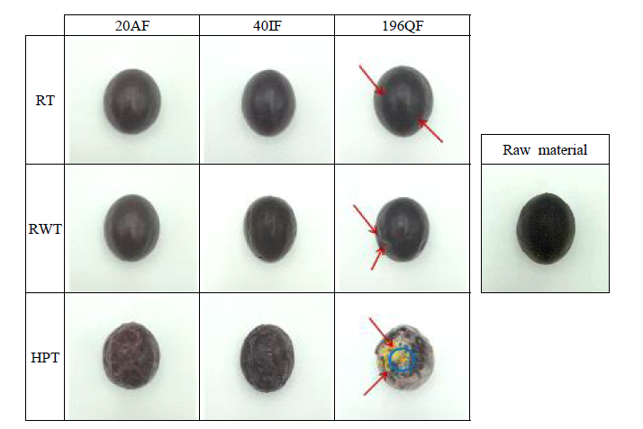 Appearance of passion fruit by freezing and thawing conditions 1) Freezing methods : 20AF(-20℃, Air-cooled Freezing), 40IF(-40℃, Immersion Freezing), 196QF(-196℃, Quick Freezing). 2) Thawing methods : RT(25℃, Room Temperature), RWT(17℃, Running Water Thawing), HPT(200 ㎫, High Pressure Thawing).