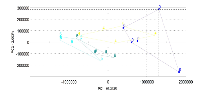 Electronic nose analysis of passion fruit according to freezing method(with room temperature thawing method) 0 = Raw material, 4 = -40℃ Immersion liquid freezing, 5 = -196℃ Quick Freezing, 6 = -20℃ Air-cooling Freezing