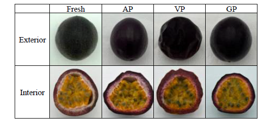 Appearance of passion fruit with different packing method. Packing methods : AP(Air containing packaging), VP(Vaccum Packing,), GP(glycerol Packing). Freezing methods : 40IF(-40℃, Immersion Freezing), Thawing methods : RWT(17℃, Running Water Thawing)