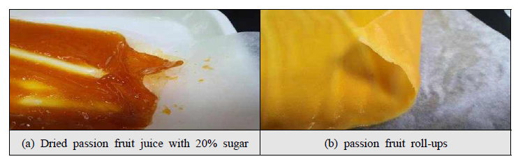 Comparison of dried passion fruit (a) and passion fruit roll-ups (b)