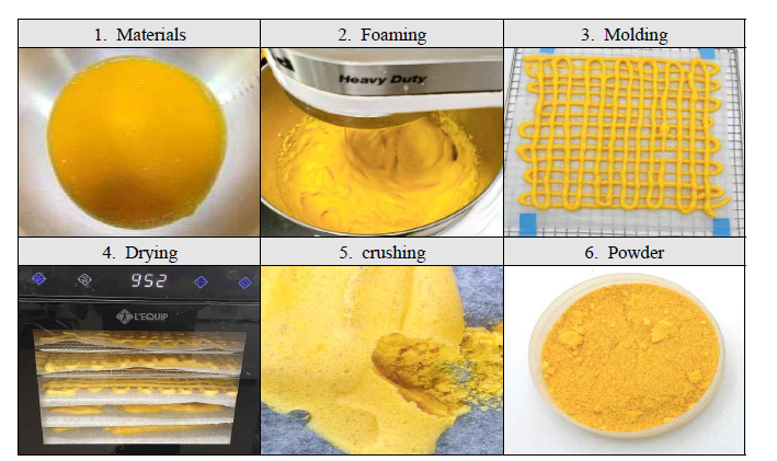 Photos of applemango powder manufacturing steps with foam mat drying method