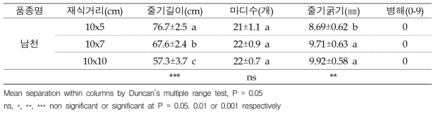 남천의 재식거리에 따른 후기 생육 및 병해 조사