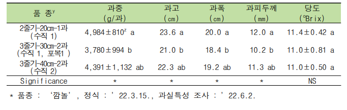 줄기 유인 수와 재식 거리에 따른 과실 특성