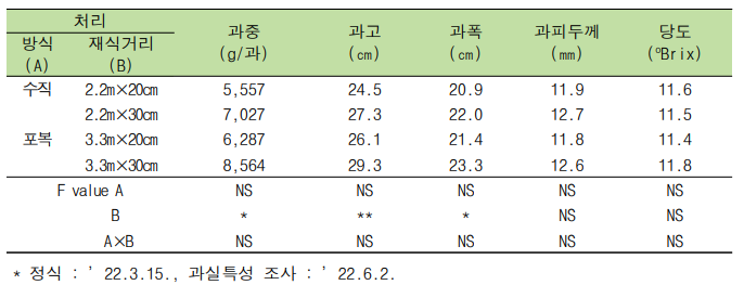 재배방식과 재식거리에 따른 과실 특성 (‘깜놀’)