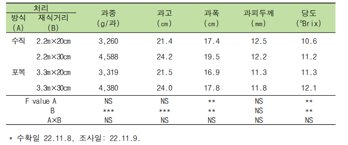 재배방식과 재식거리에 따른 과실 특성 (‘깜놀’)