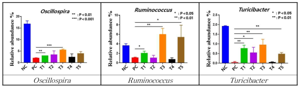 급여한 천연소재 종류에 따른 스트레스 유발 비육돈의 그룹간 microbiota 비교 (Genus)