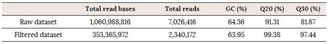 시퀀스 결과 산출된 read데이터 및 GC(%), Q20, Q30