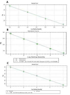 Sensitivity of real-time PCR in standard dilution series. Standard curve was generated from the threshold cycles (Ct) also known as crossing points of the Rhodococcus fascians standard dilution. All curves demonstrated R 2 > 0.99. (A) Genomic DNA (B) Cloned DNA (C) Bacterial cell suspension