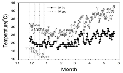 벼 생육기간 최저 및 최고 기온(‘21.11.25.~’22.5.20.)
